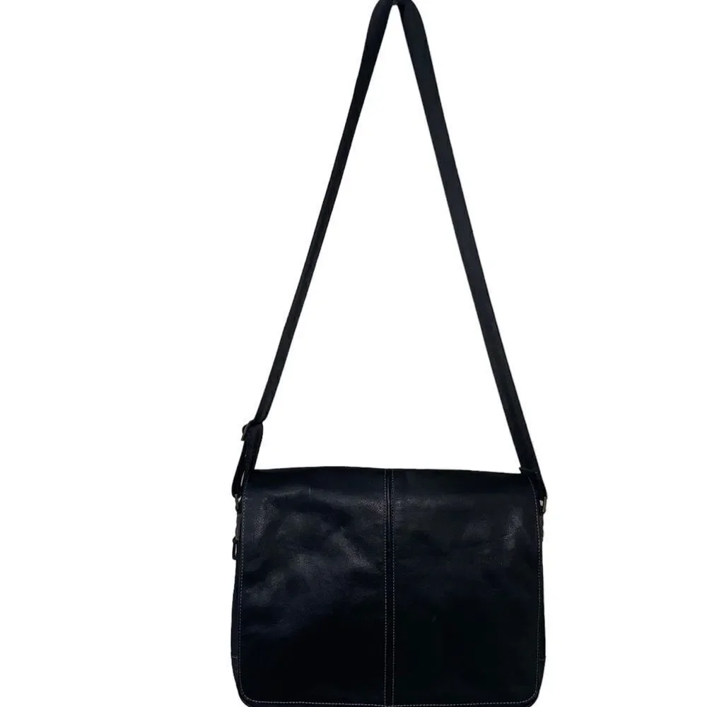 Boconi Black Leather Garth Slim Mailbag Messenger Laptop Bag with Shoulder Strap